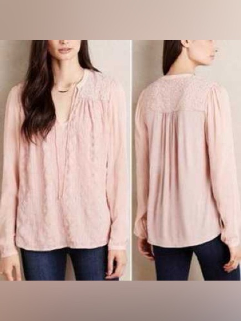 Anthropologie Blush Pink Lace-Yoke Peasant Blouse